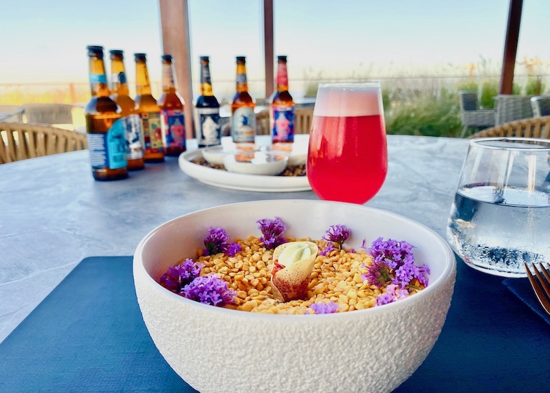 Hibiscus Beer, bottled beers, and an amuse bouche on the roof garden of Ftelos Brewery in Karterados, Santorini