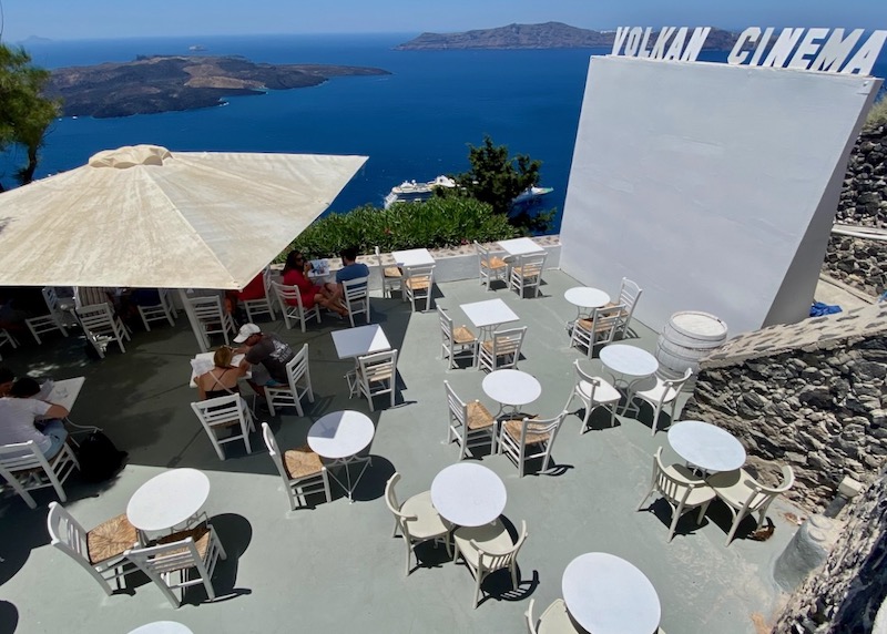 The movie screen and patio of Volkan on the Rocks in Firostefani, Santorini