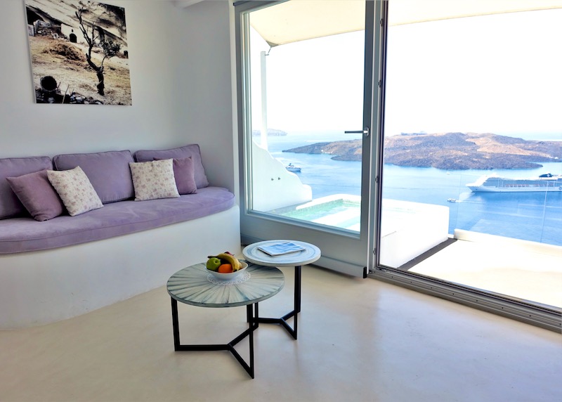 View of the caldera and private jacuzzi from the Pillow Suite at Keti Hotel in Fira, Santorini