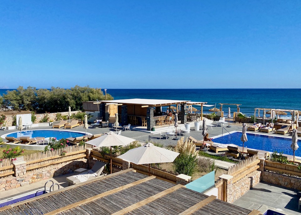 Two beachfront pools at Sea Breeze Beach Resort in Exomitis, Santorini