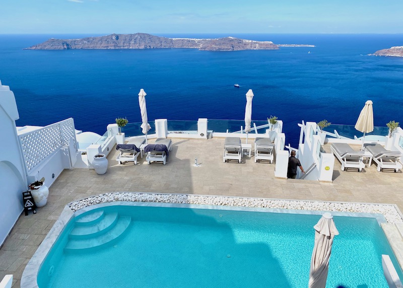 View over the pool of the caldera from Above Blue Suites in Imerovigli, Santorini