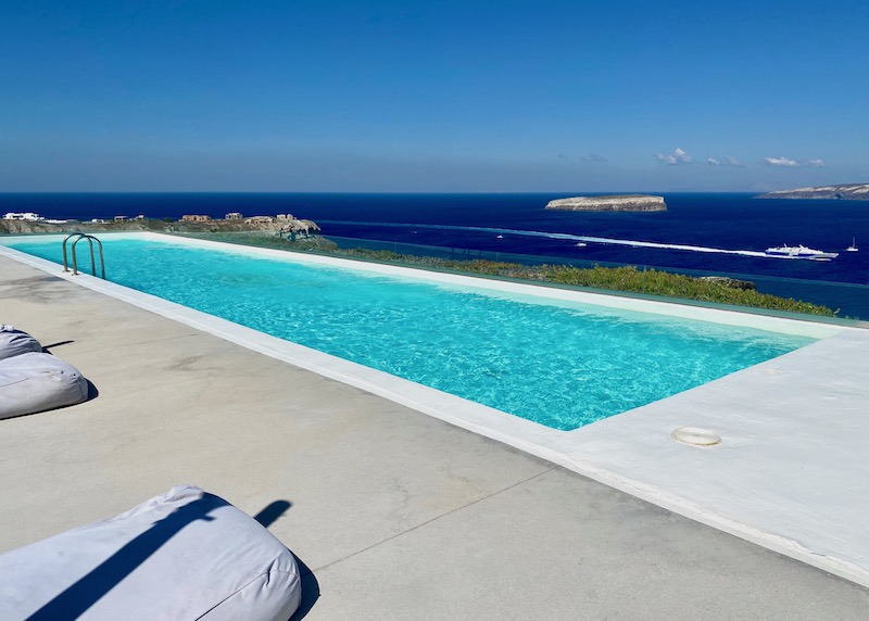 The caldera view from the infinity pool at Coco-Mat Hotel in Akrotiri, Santorini