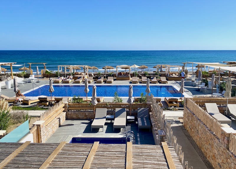 The beachfront pool at Sea Breeze Resort in Exomitis, Santorini