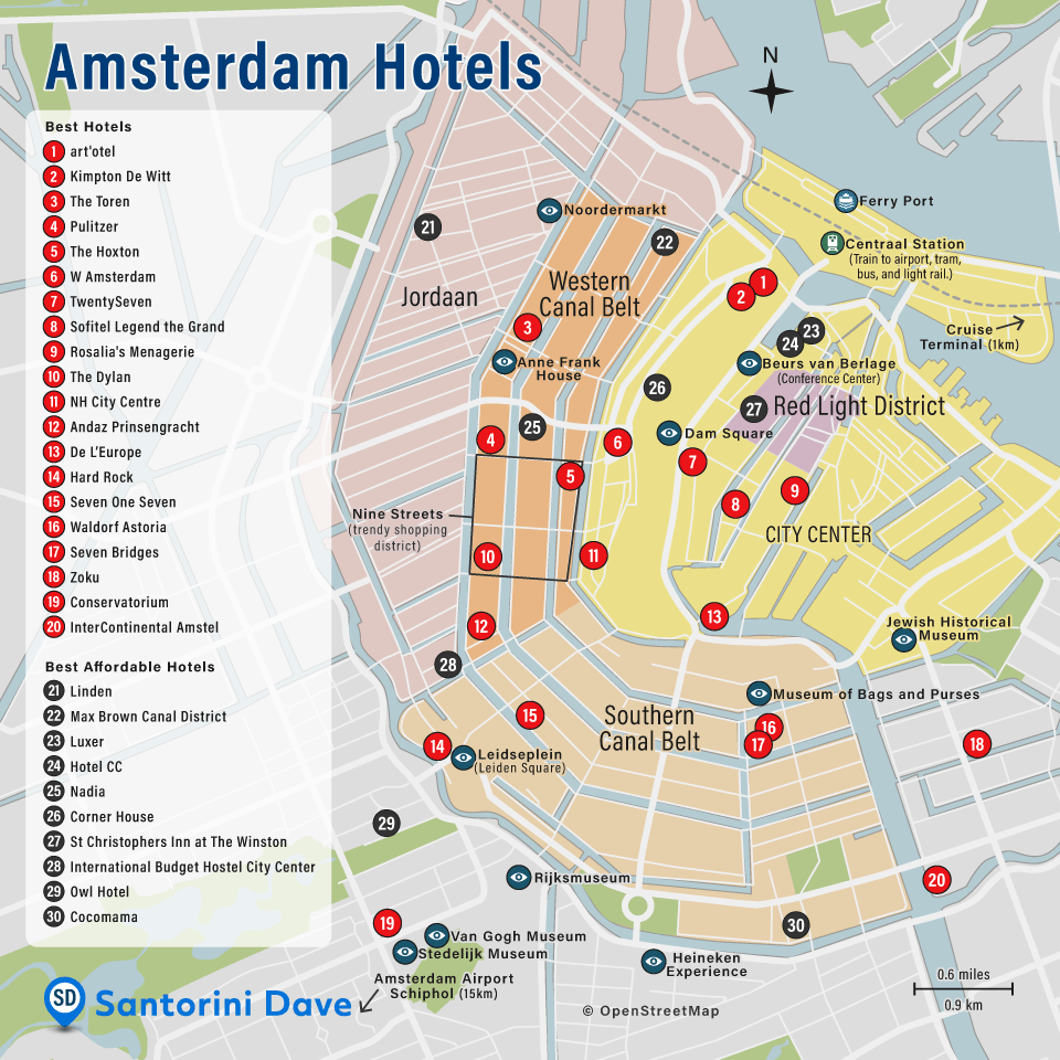 Map of best hotels in Amsterdam.