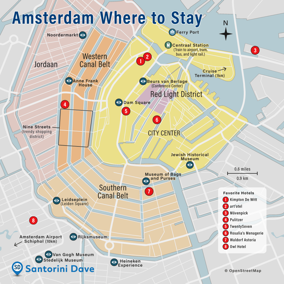 Map of best places to stay in Amsterdam.