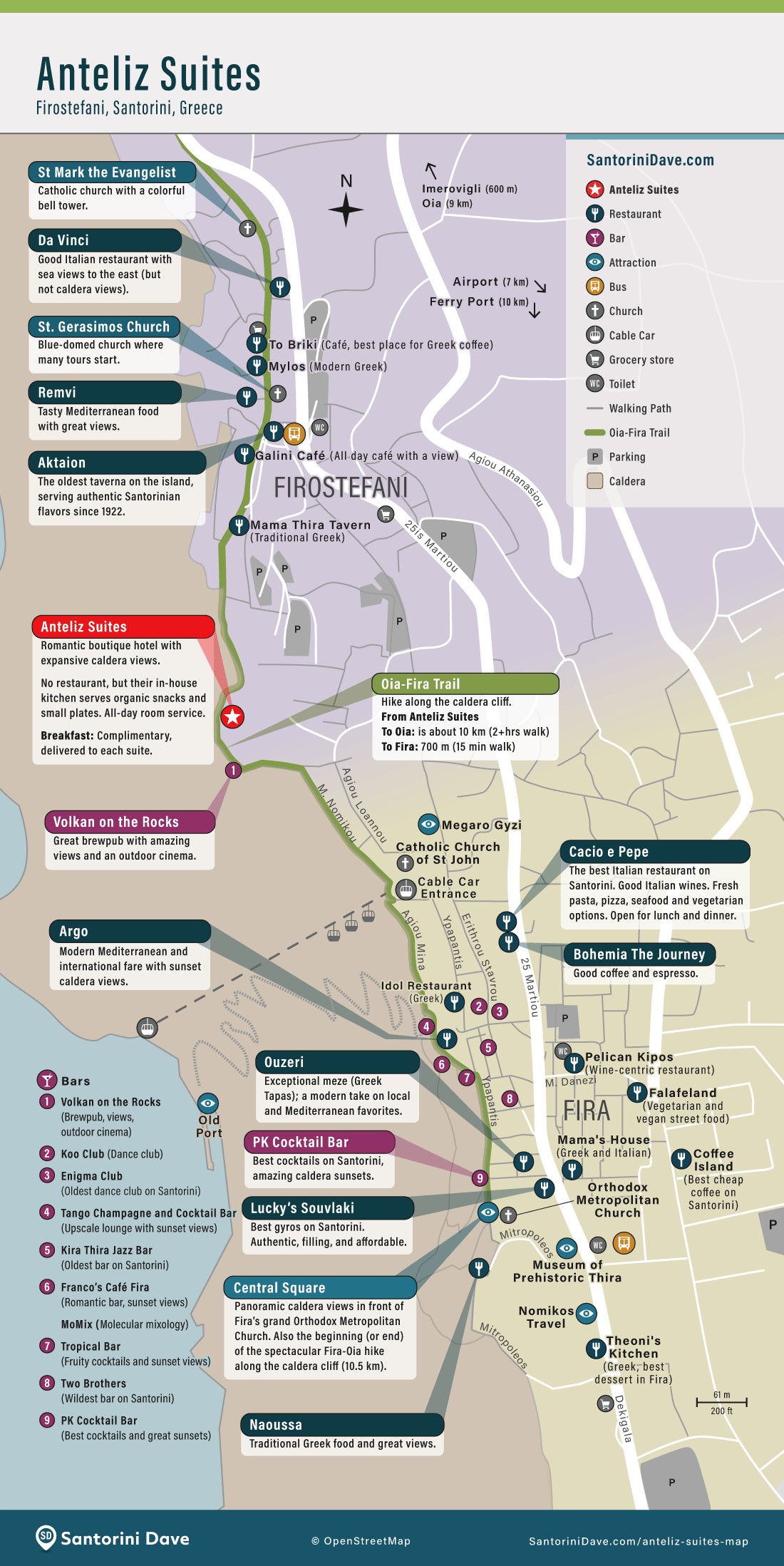 Map of Anteliz Suites, attractions, and restaurants in Firostefani, Santorini.