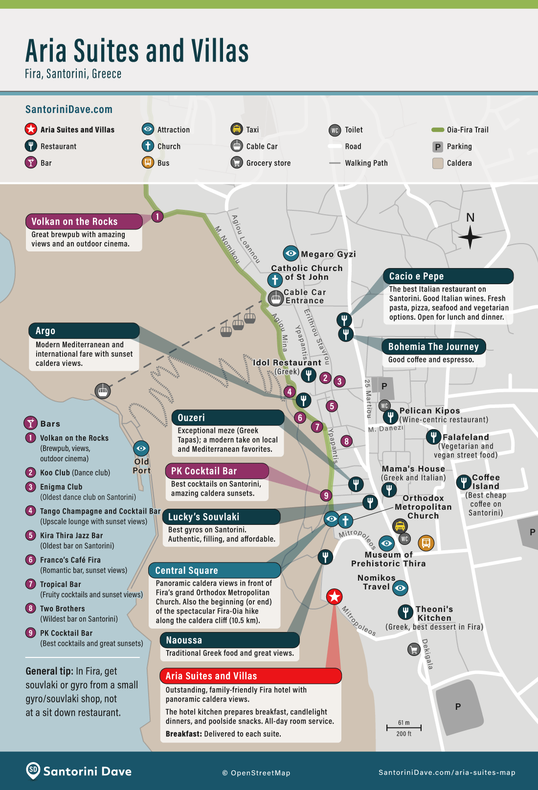 Map of restaurants, bars, and things to do near Aria Suites in Fira.