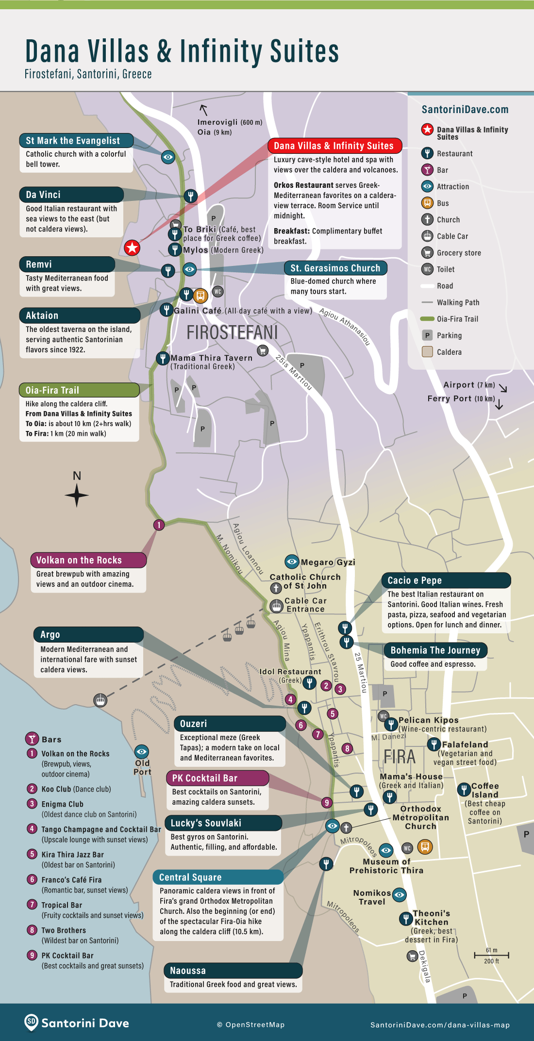 Map of Dana Villas & Infinity Suites, attractions, and restaurants in Firostefani, Santorini.