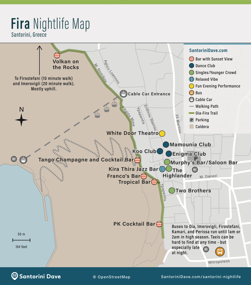 Map showing the best bars and clubs in Fira, Santorini.