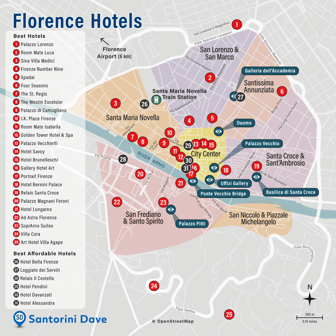 Map of Flrorence best hotels and neighborhoods.