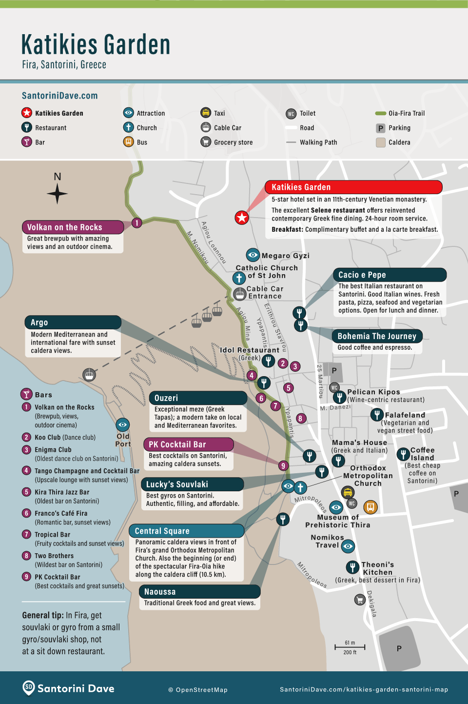 Map of restaurants, bars, and things to do near Katikies Garden hotel in Fira.