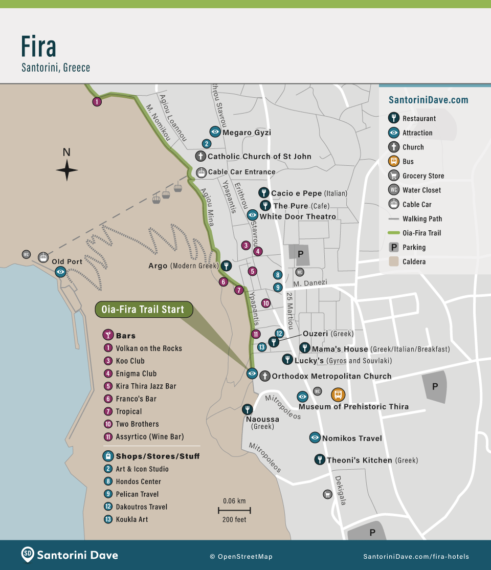 Map of the best restaurants, things to do, bars, and shopping in Fira, Santorini.