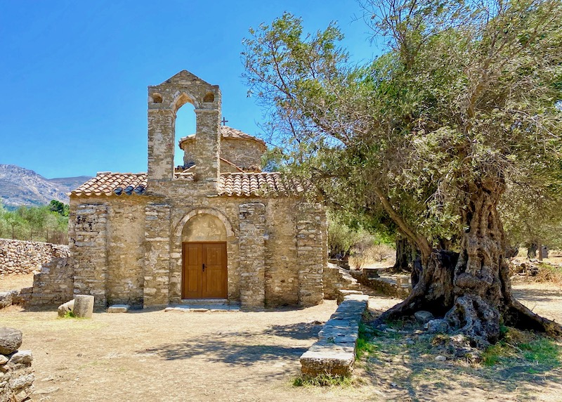 Agios Georgios Diasoritis Chirch and and ancient olive tree in Chalki, Naxos