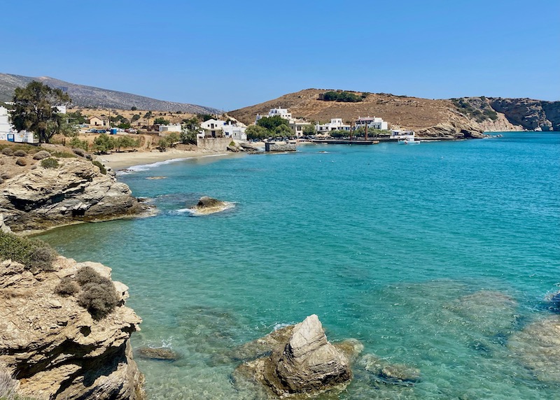 View of Moutsouna Beach and harbor in Naxos