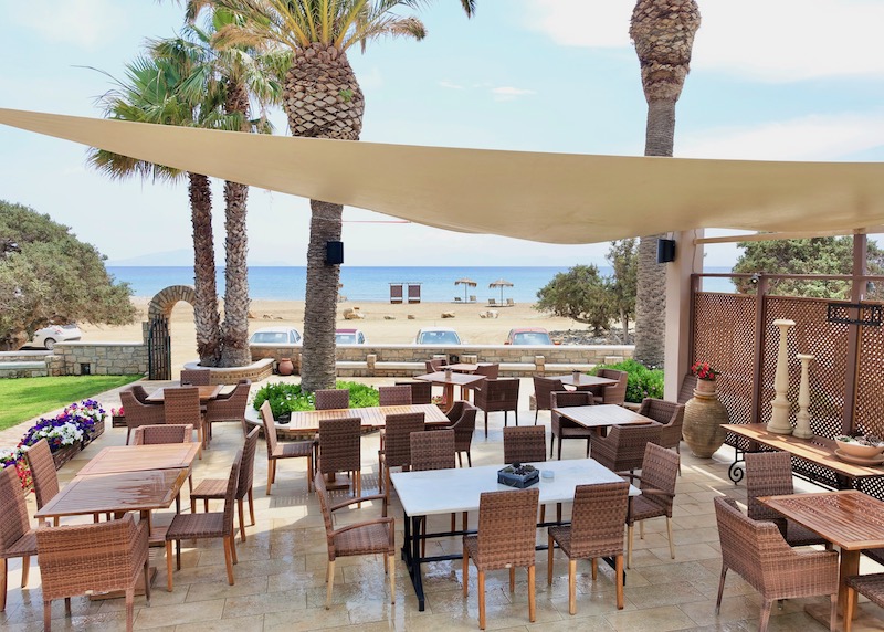 The restaurant and beach view at Finikas Beach Hotel on Pyrgaki Beach in Naxos