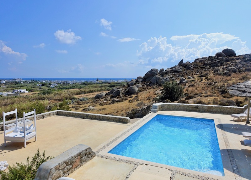 Pool and view from the luxury villa in the Naxian Collection resort in Stelida, Naxos
