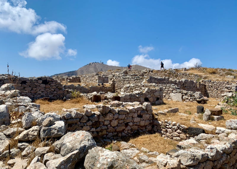 Stone wall ruins in Ancient Thera on Mesa Vouno between Kamari and Perissa Beaches in Santorini