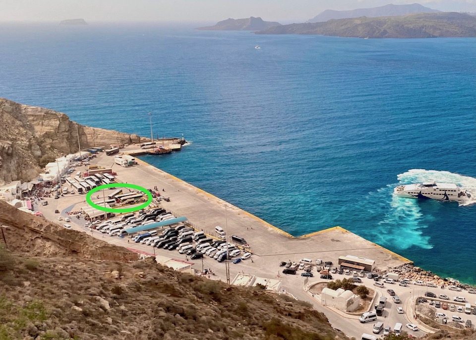 View over the Athinios Ferry Port in Santorini showing the bus stop