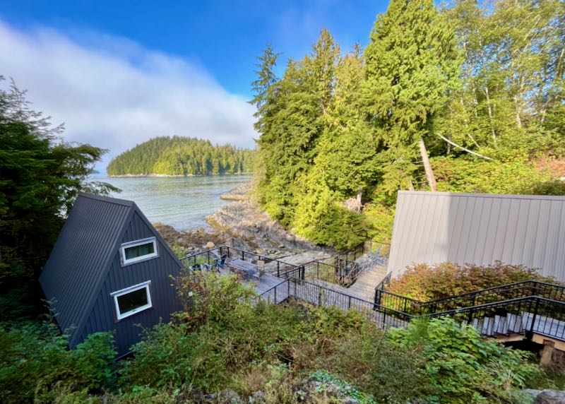 A-frame cottage on the pacific ocean, surrounded by pine trees