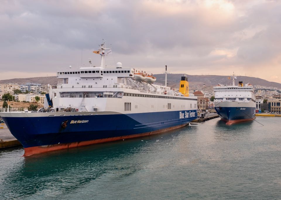 Ferries in Piraeus port bound for Heraklion and Chania in Crete.