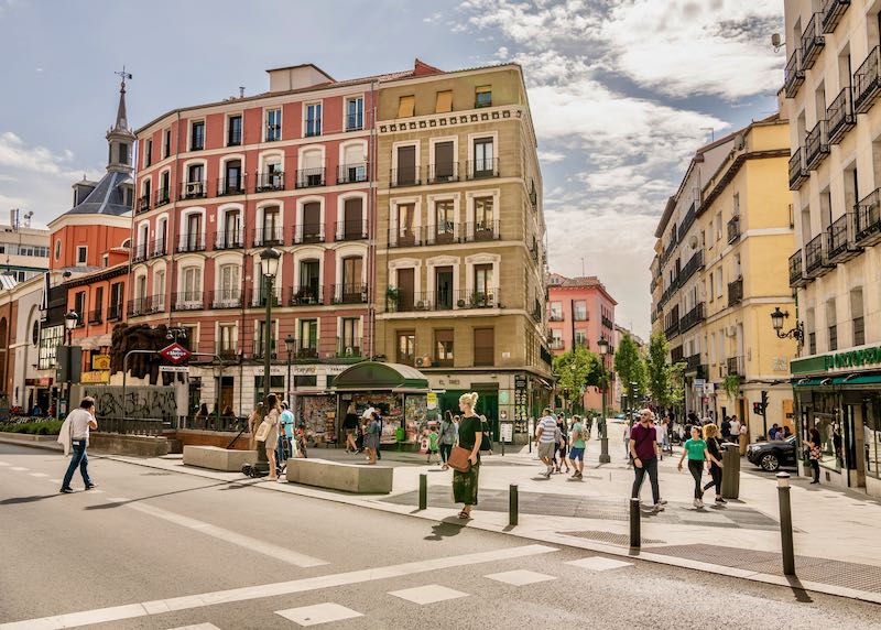 Lively and colorful intersection in Madrid's Huertas neighborhood 