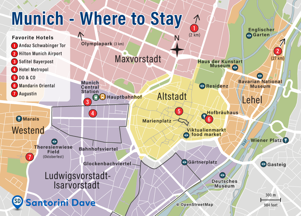Map of the best-located hotels in Munich