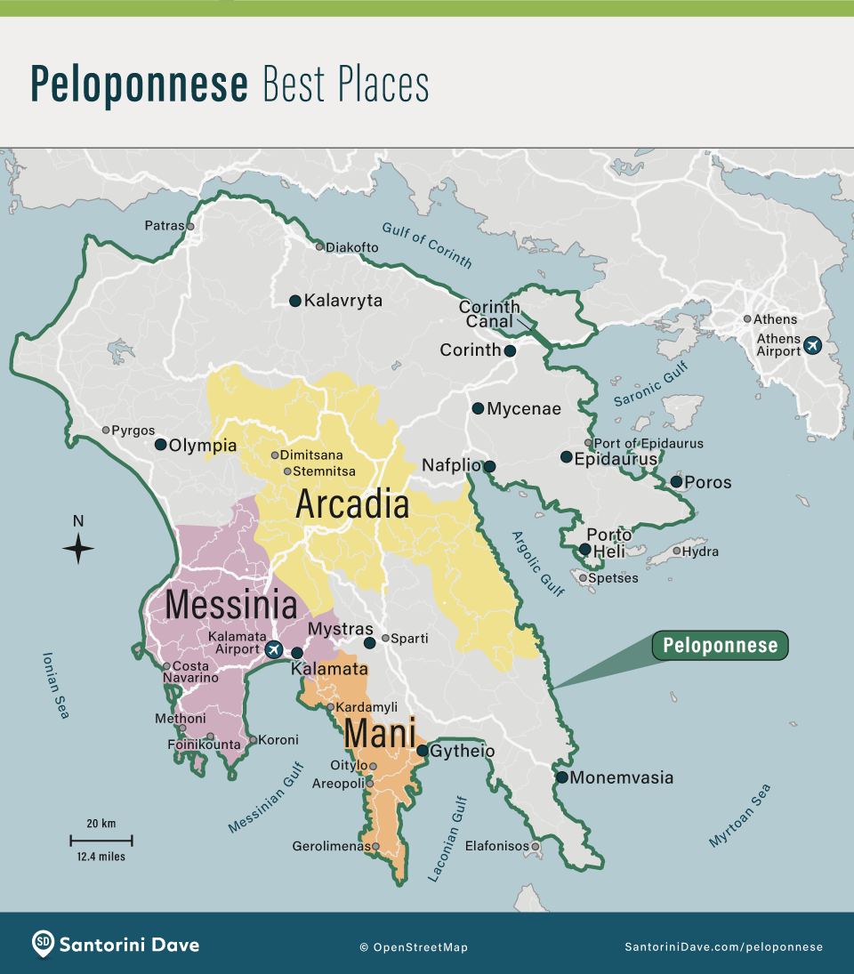 Map showing the locations of the best places for tourists to visit in the Peloponnese