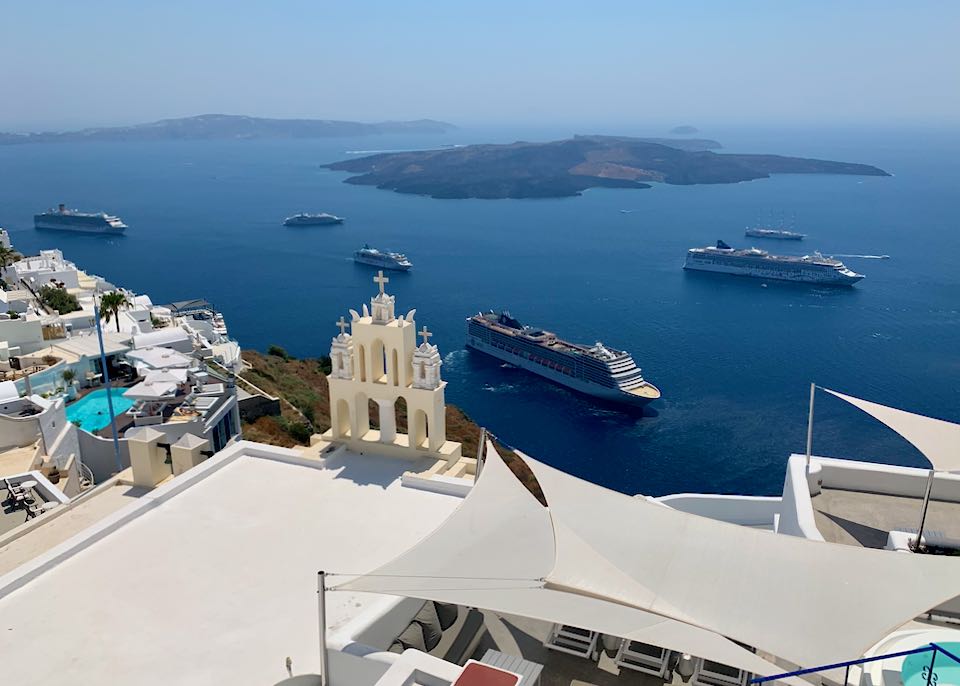 Cruise ships visiting Santorini, Greece.