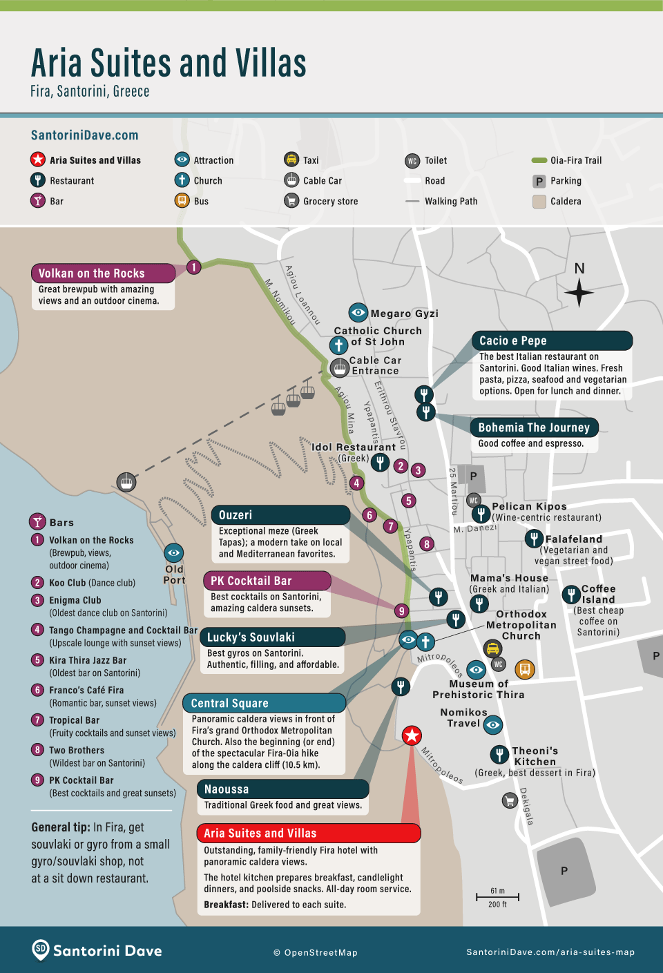 Map of restaurants, bars, and things to do near Aria Suites in Fira.