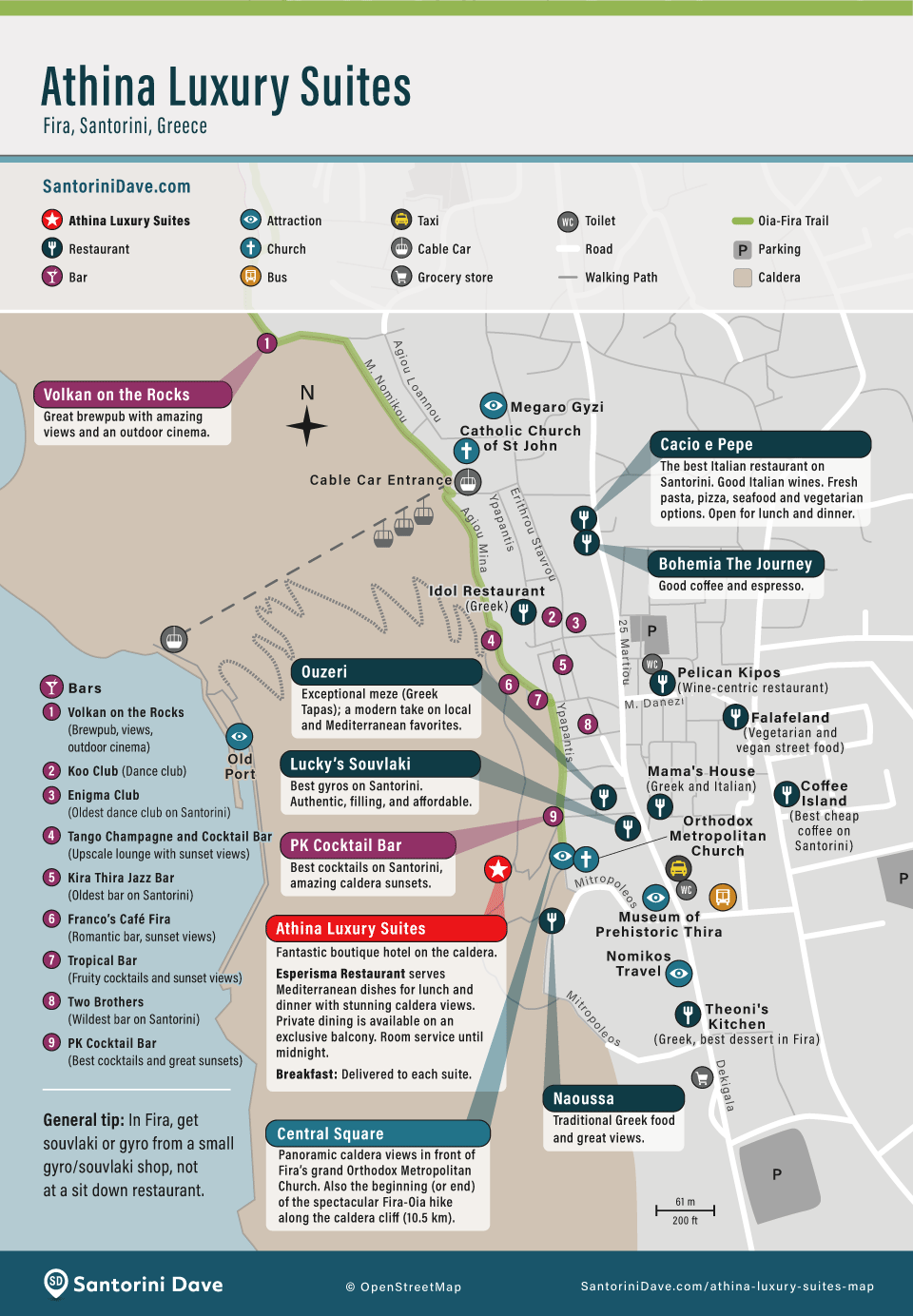 Map of restaurants, bars, and attractions near Athina Luxury Suites in Fira, Santorini.