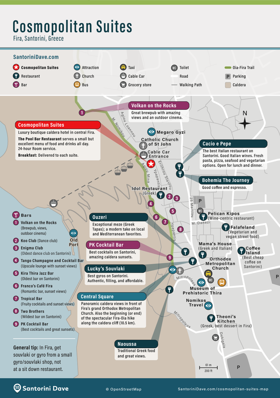 Map of restaurants, bars, and things to do near Cosmopolitan Suites in Fira.