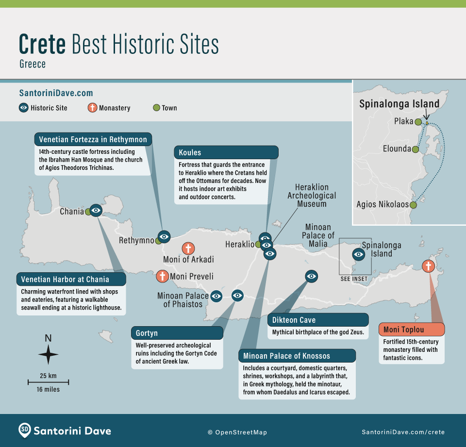 Map showing the locations and descriptions of the best historic and archaeological sites in Crete, Greece