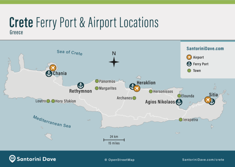 Crete travel guide showing ferry and airport connections