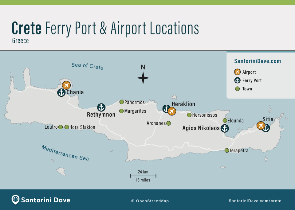 Map showing the locations of ferry ports and airports on the island of Crete.