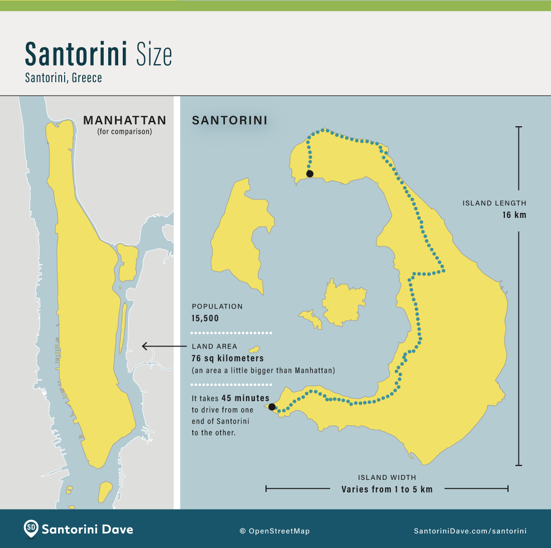 Map showing the size of Santorini, relative to Manhattan