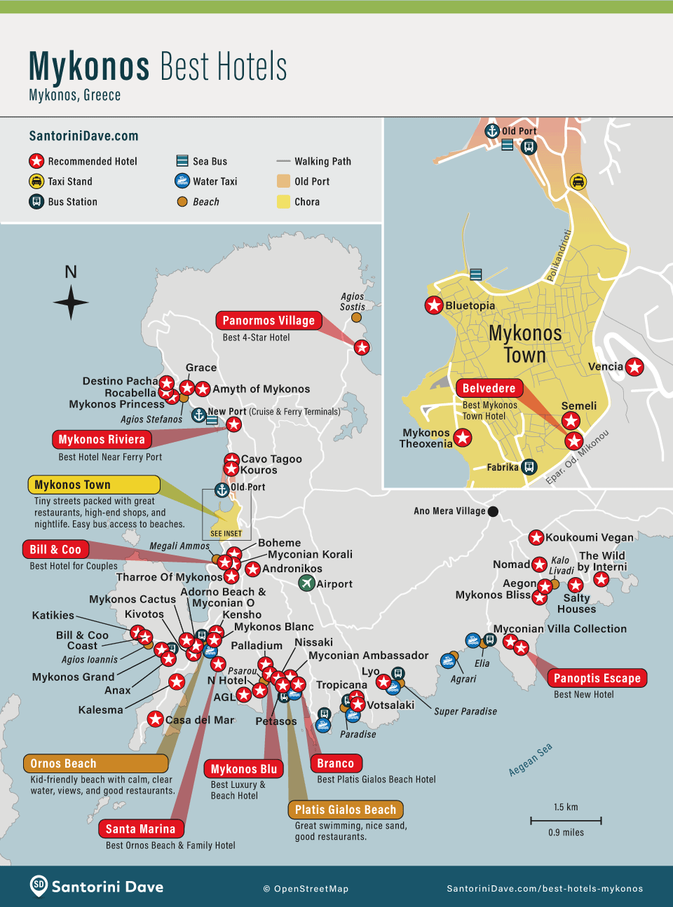 Map of the best luxury and Boutique hotels on Mykonos Island.