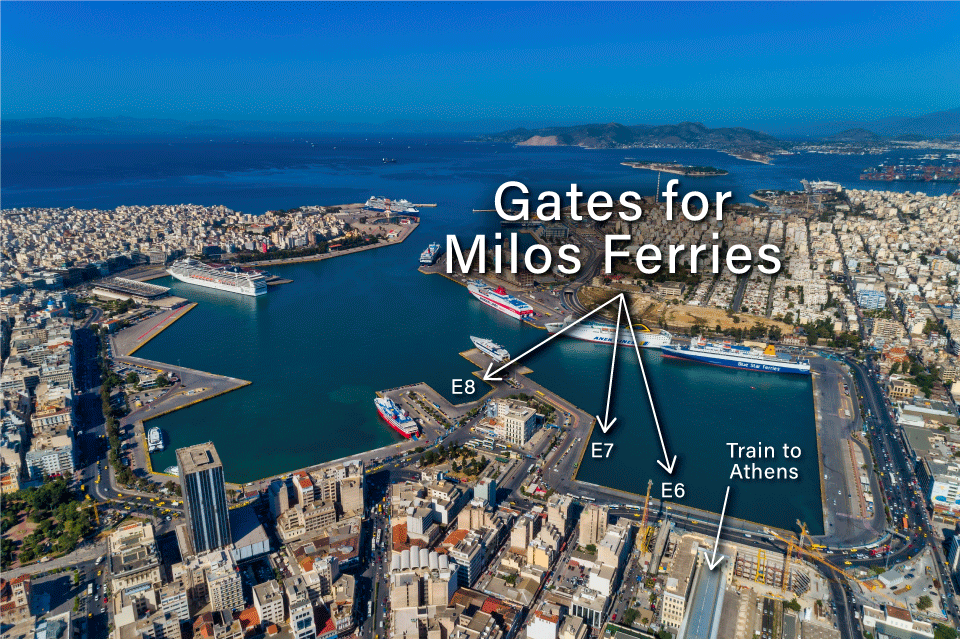 Athens to Milos ferries at Piraeus port.
