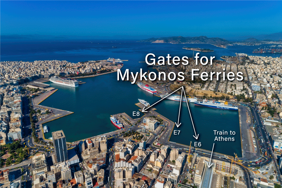 Athens to Mykonos ferries at Piraeus port.