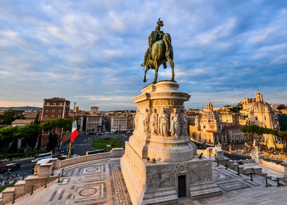 The statue of Vittorio Emanuele II on a horse in the Piazza Venezia in Rome, Italy.