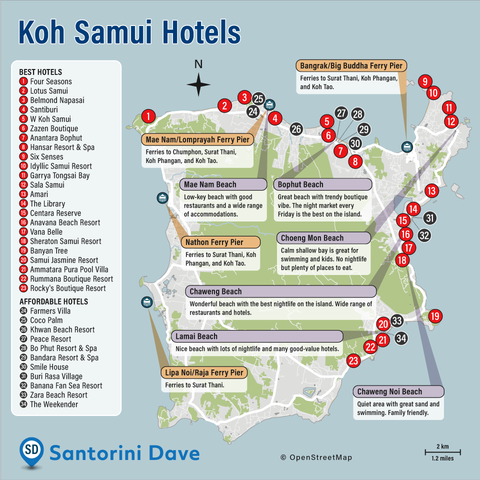 Map of Best Hotels, Resorts, and Beaches in Koh Samui, Thailand.