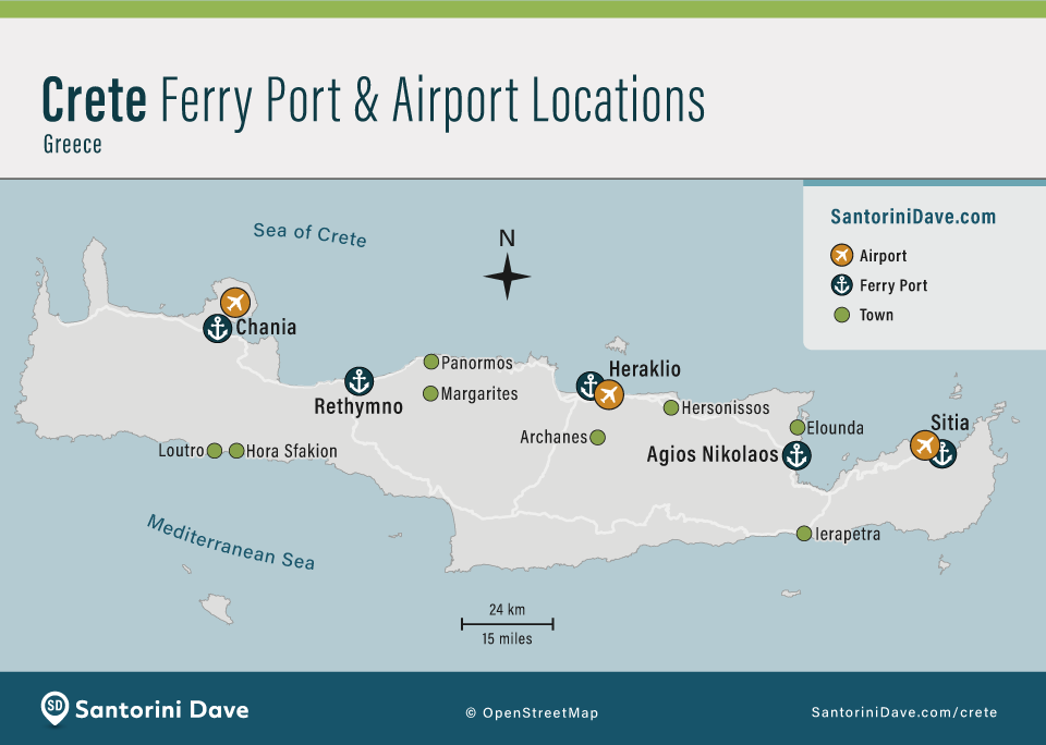 Map showing the locations of ferry ports and airports on the island of Crete.