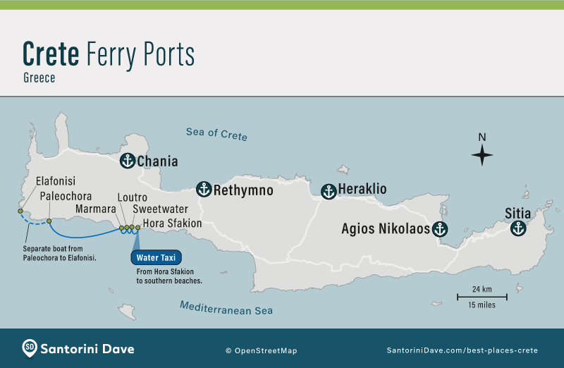 Map of Crete ferry ports and boat terminals. 