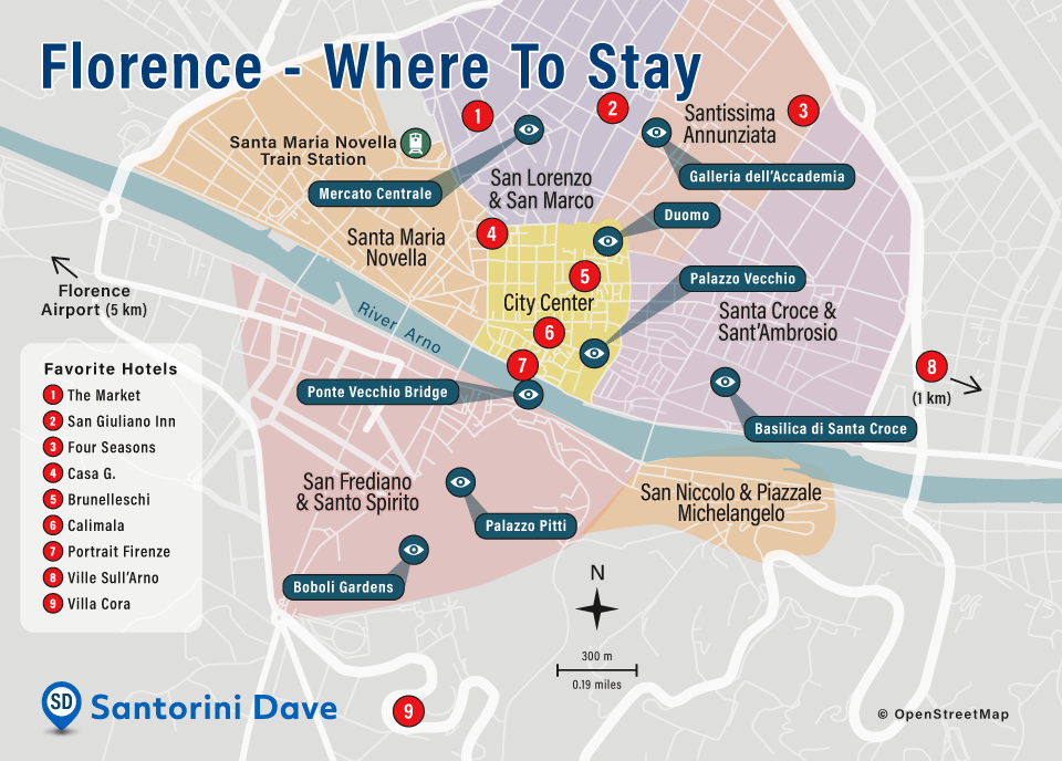 Map showing the locations of the top nine hotels in Florence, Italy