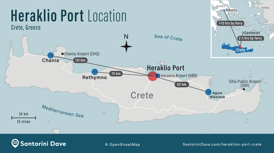 Heraklio Ferry Port location in relation to other Crete ferry ports.