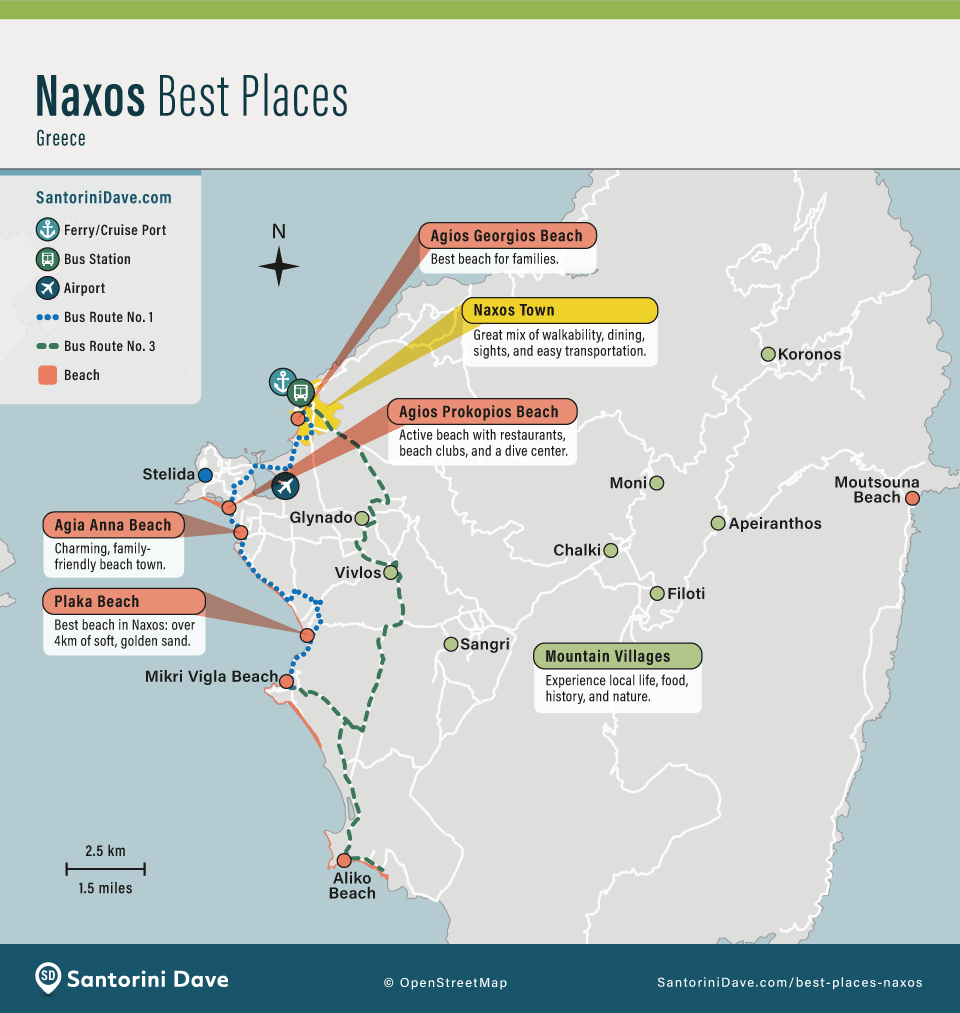 Map of the best towns to stay in on the island of Naxos in Greece