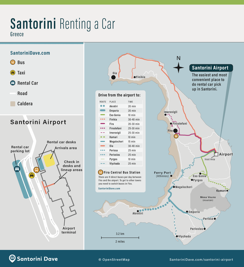 Map showing where to rent a car on Santorini