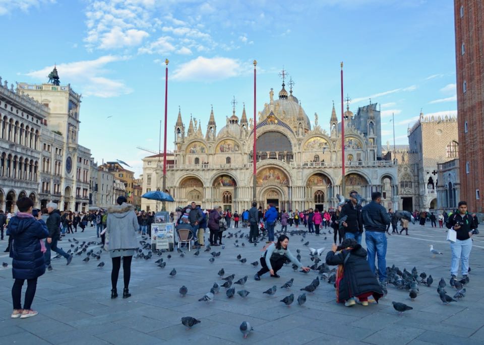 View of people feeding pigeons in Piazza San Marco, with the basilica in the background
