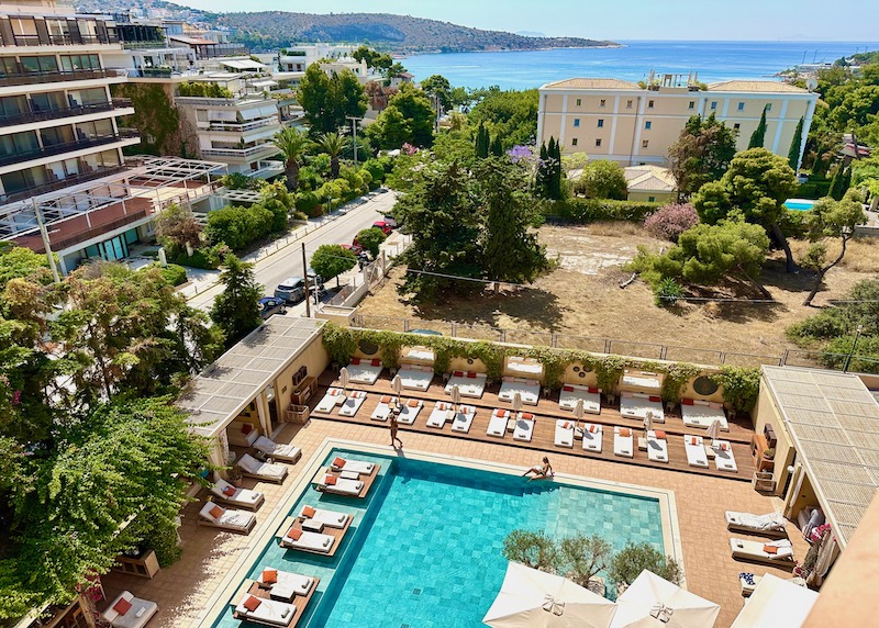 Pool and sea view from The Margi hotel in the Athens Riviera