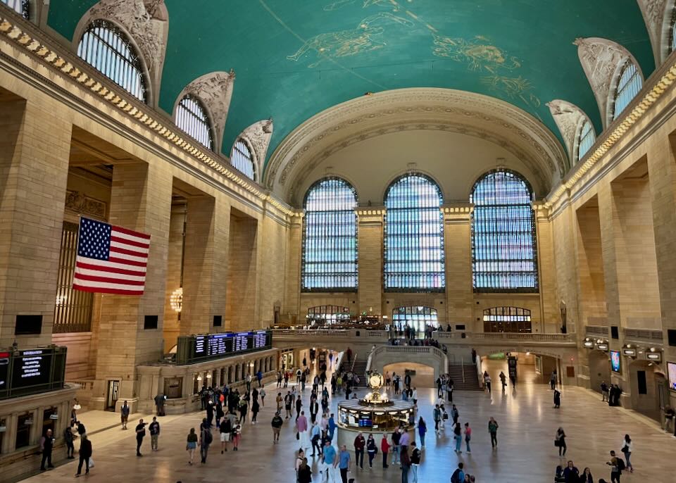 Overhead view of people walking through Grand Central Station in New York City