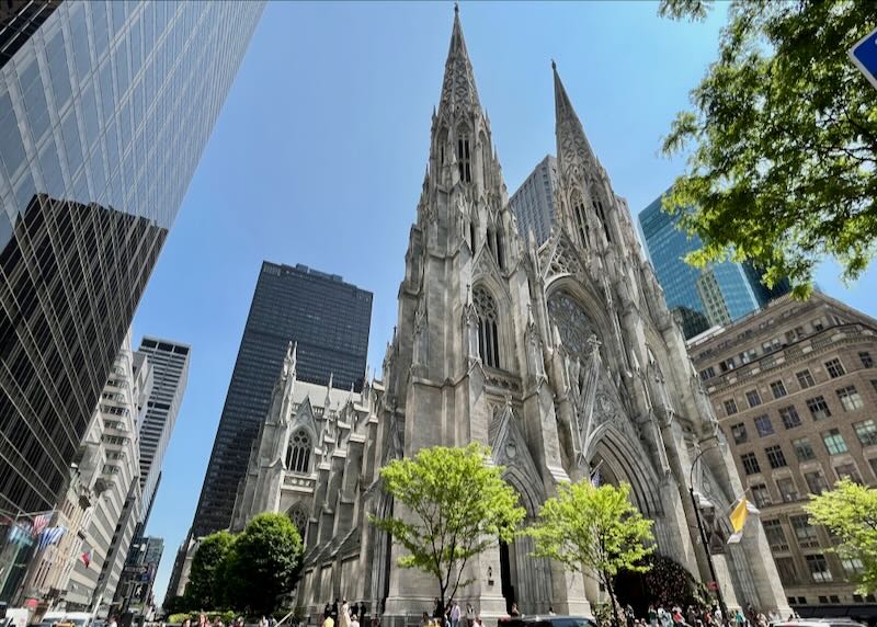 The pointed spires of St Patricks Cathedral in Midtown Manhattan, rising amid skyscrapers